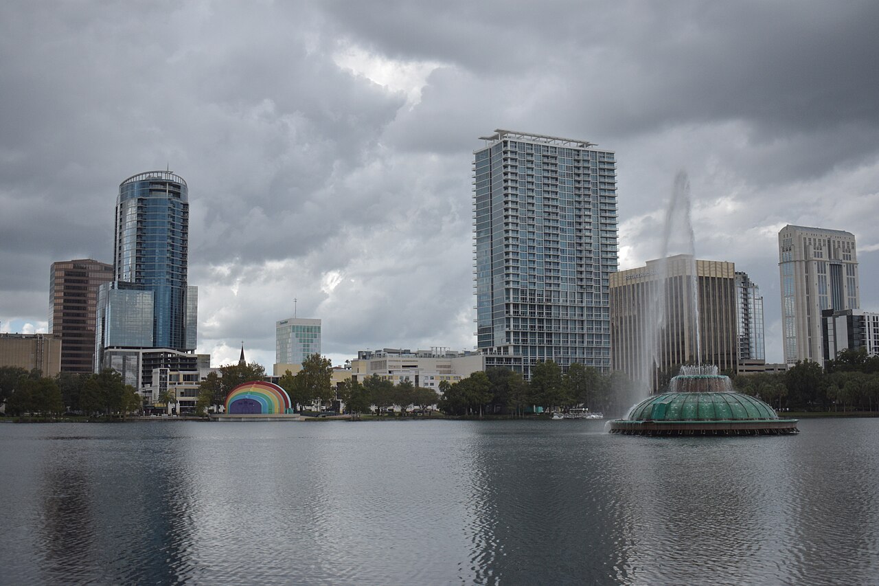 the downtown Orlando skyline across Lake Eola