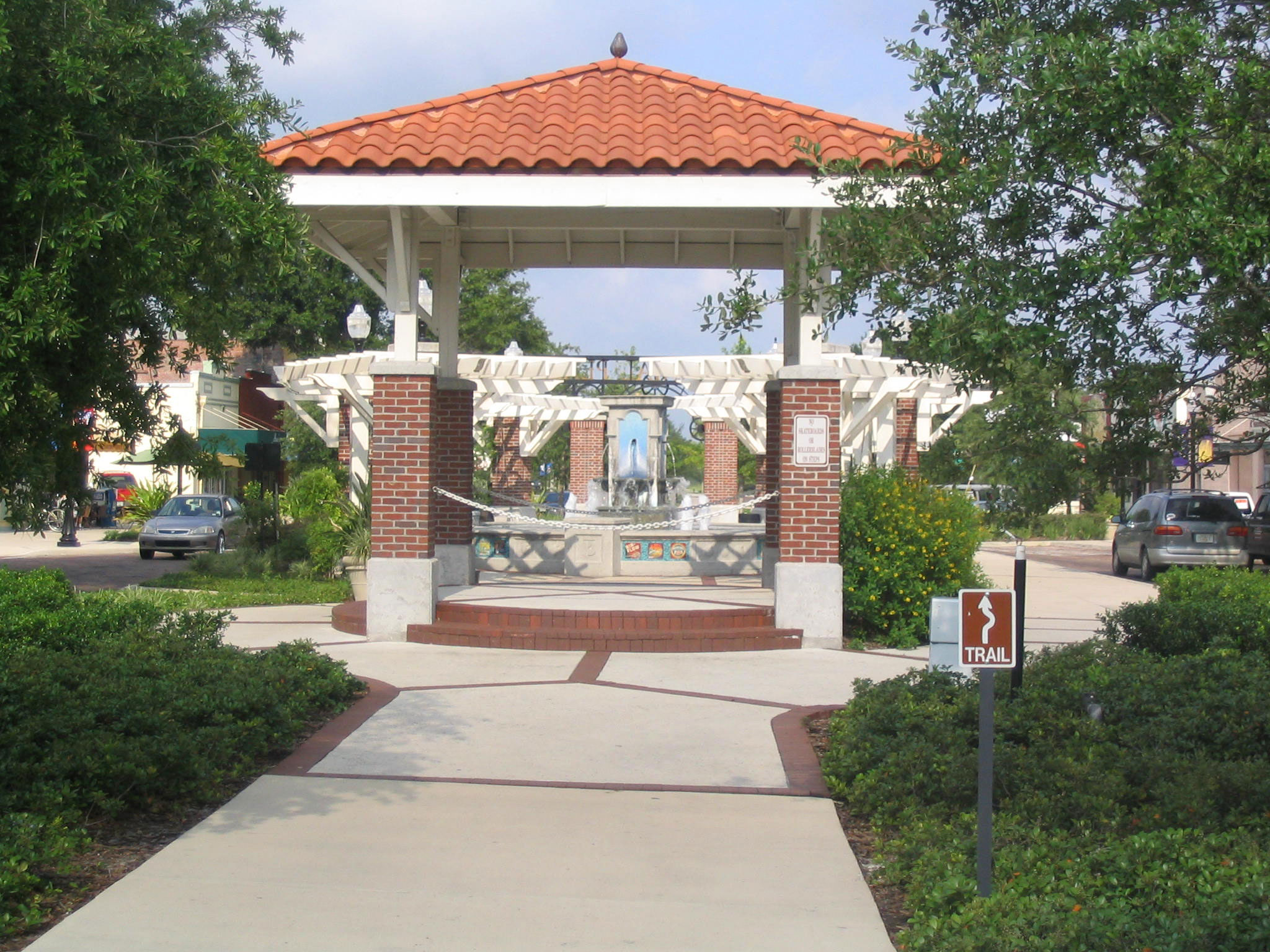 Tiled-roof pavilion and fountain along the West Orange Trail in downtown Winter Garden