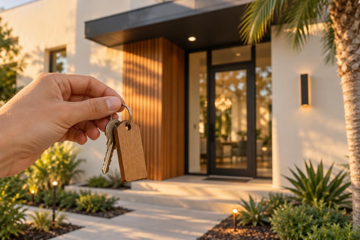A hand holding a key ring in front of the entrance of a contemporary Central Florida home