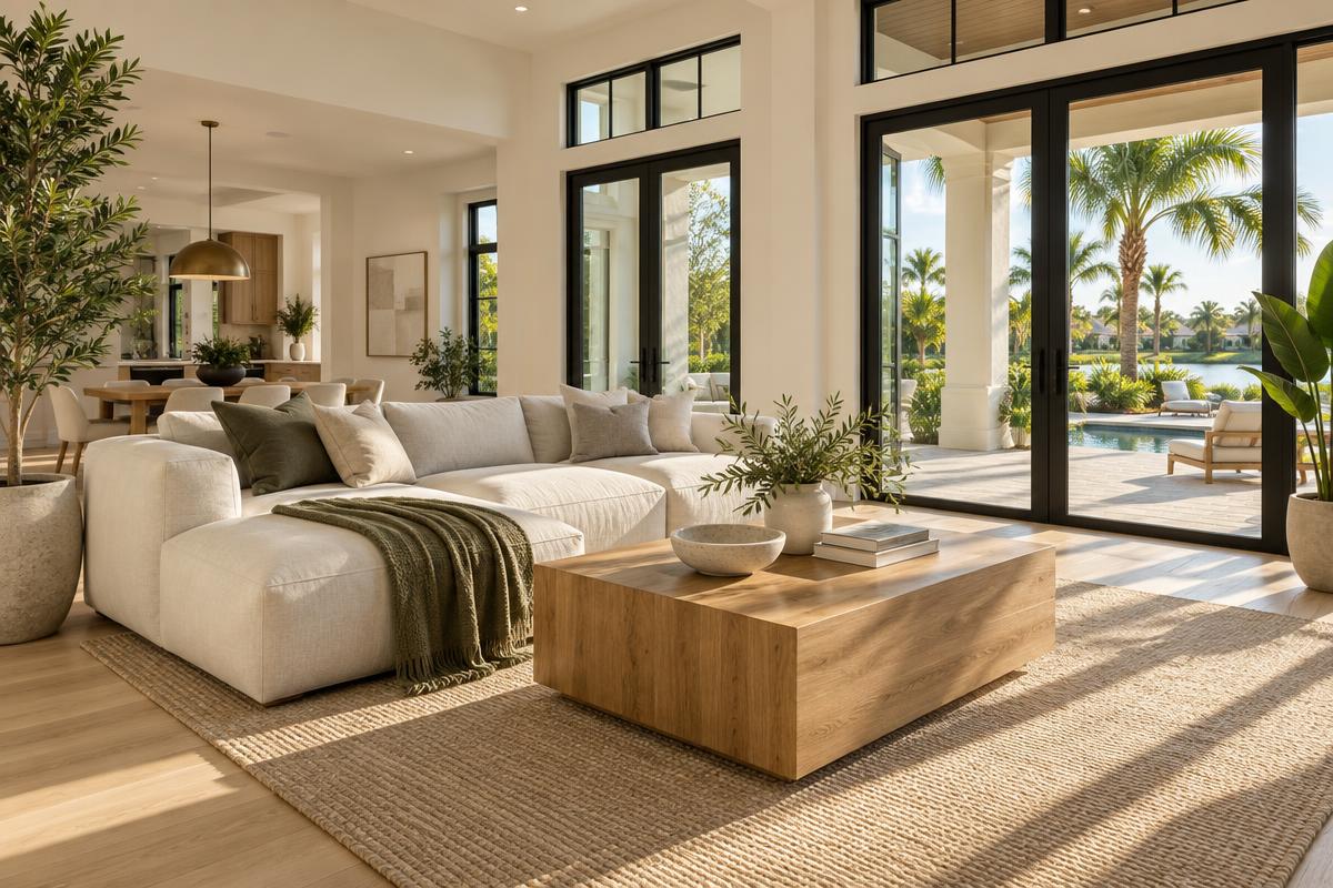 Brightly staged living room in a contemporary Central Florida home with tall glass doors opening to a patio